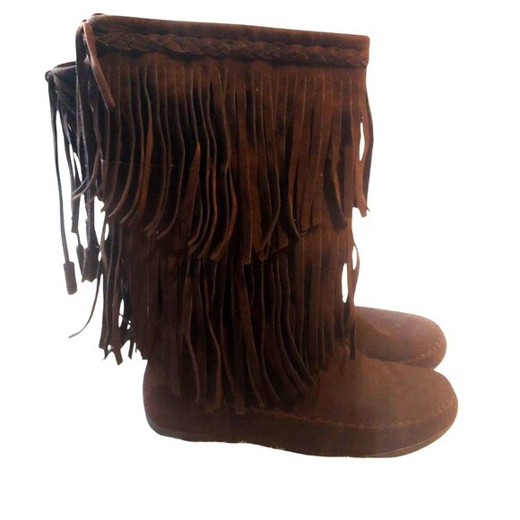 Rampage Brown Hippie Boho Y2K Retro Double Fringe Faux Suede Pull On Boots 8.5 - Picture 2 of 9